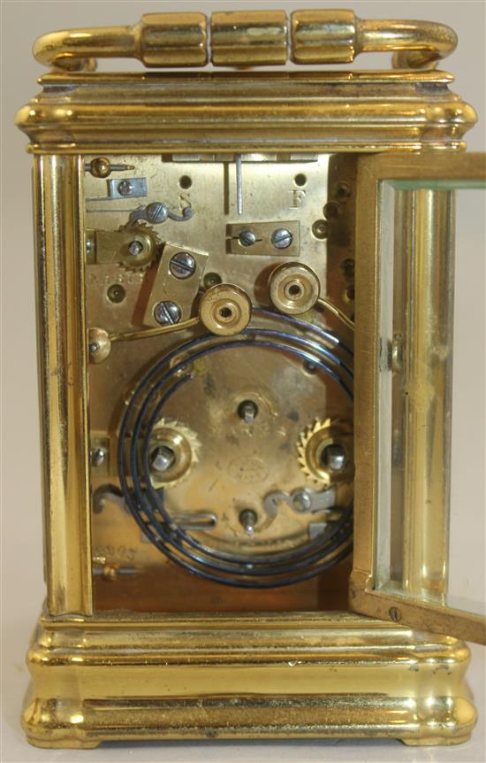 A late 19th century French Drocourt & Co brass hour repeating carriage clock, 4.25in.